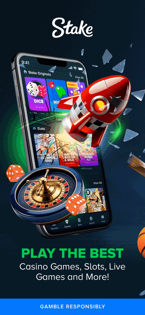Stake App Store image showing a phone with casino game tiles, a roulette wheel, a red rocket and dice.